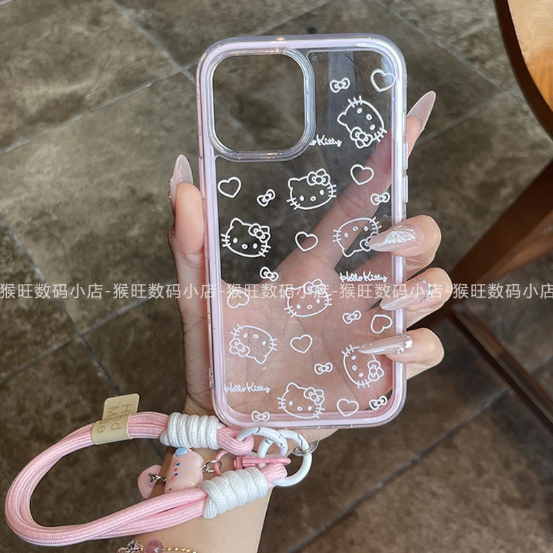 ins可爱线条猫咪爱心云朵挂绳适用iPhone16pro手机趣味华为P70女