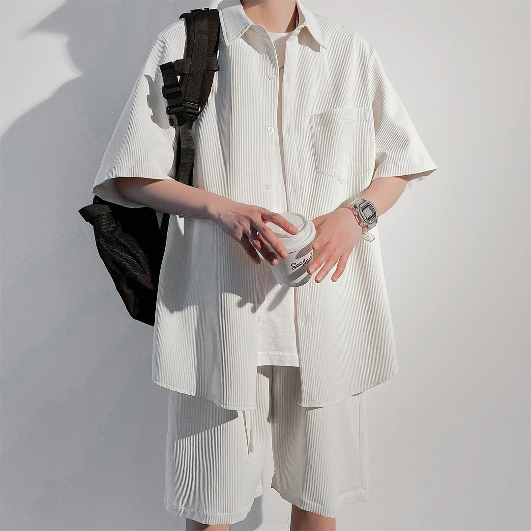 W9825潮牌港风复古竖条纹套装夏季开衫衬衫五分裤套装