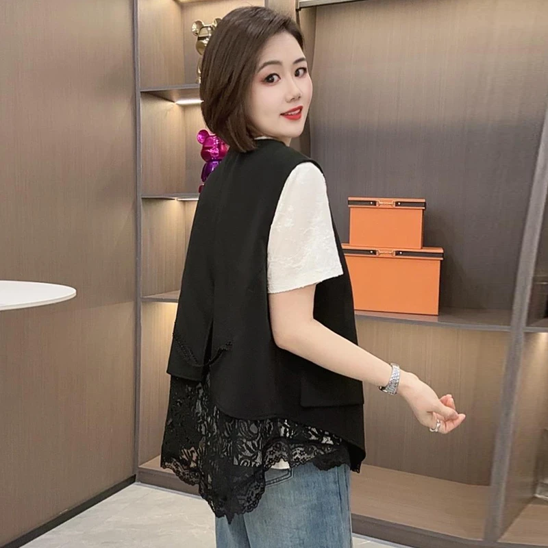 欧货时尚蕾丝西装马甲女2025春夏季新款坎肩上衣休闲宽松背心外套
