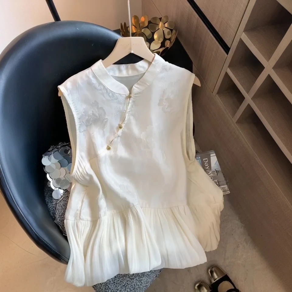 新中式国风荷叶边盘扣拼接无袖上衣女夏季新款温柔洋气外穿背心女