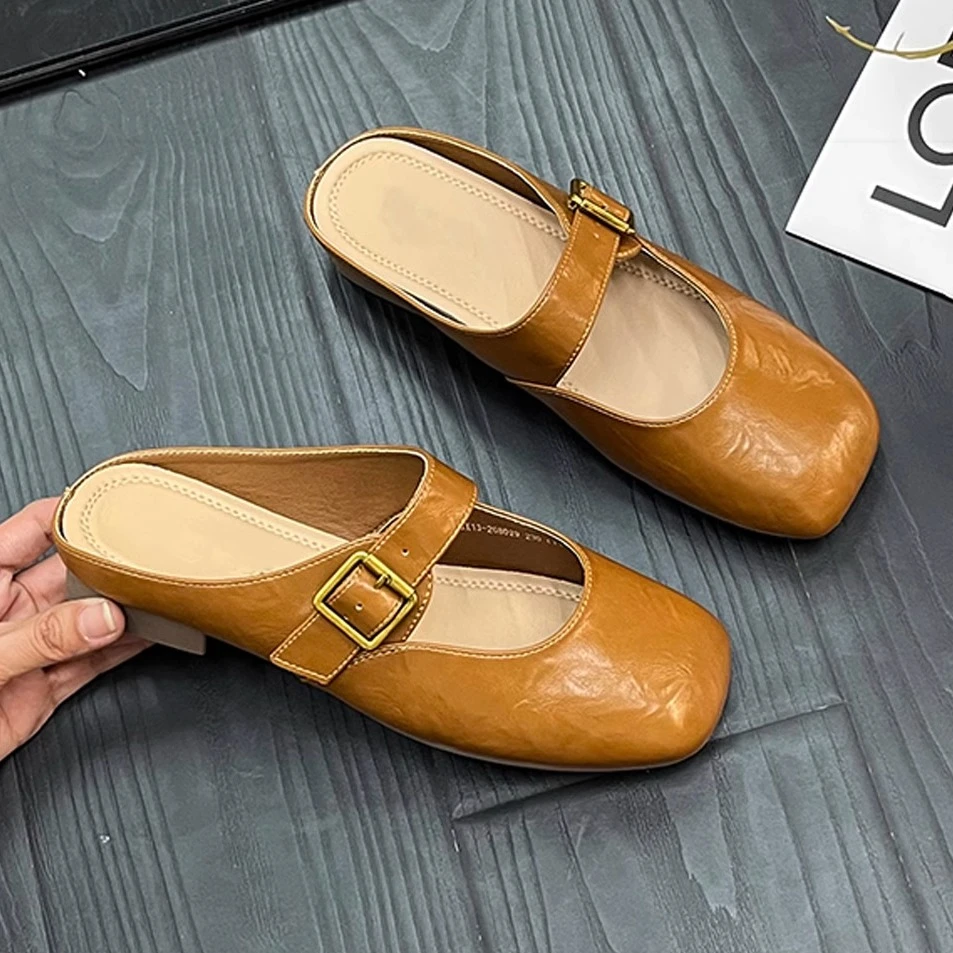 包头半拖鞋女方头平底搭扣休闲厚底一脚蹬拖鞋单鞋2025春夏新款