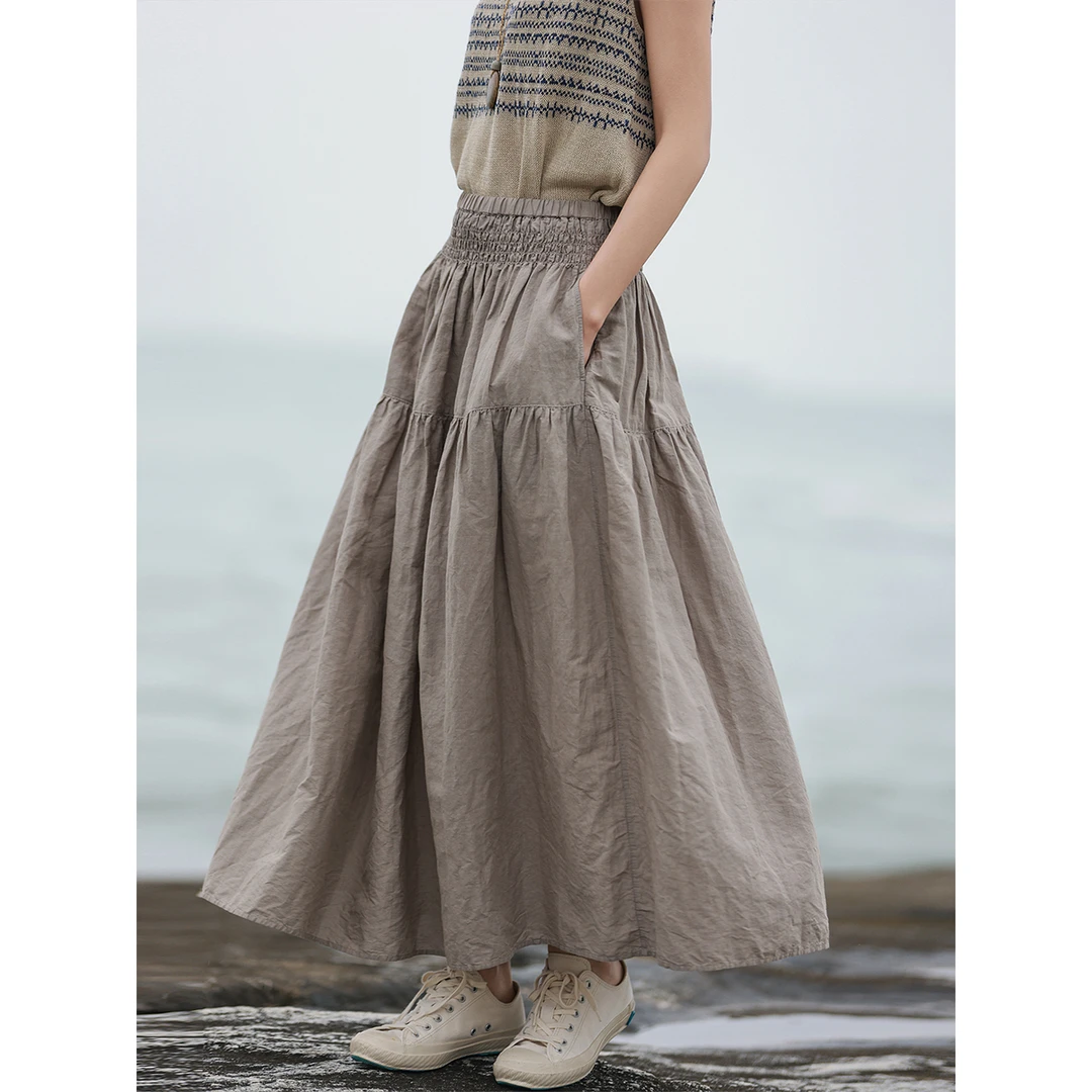 麻霖原创设计肌理皱感丝麻棉混纺茶棕色成衣染色打揽半身裙