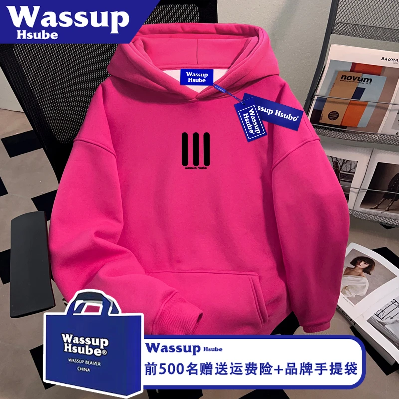 WASSUP HSUBE秋季创意竖条字母印花上衣火龙果色套头男女连帽卫衣