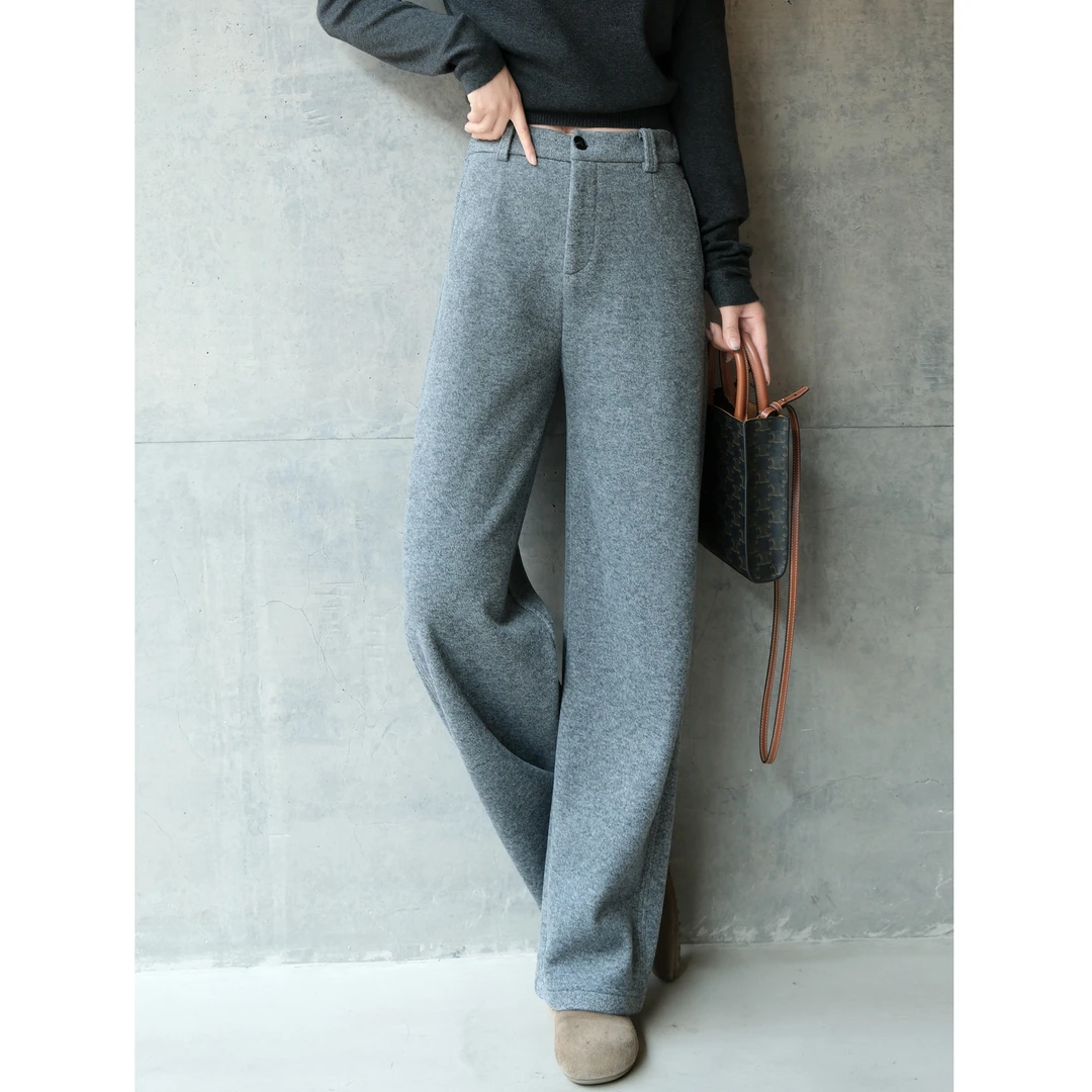 窄版显腿长天丝醋酸加绒裤 时髦通勤弯刀休闲裤 羊毛裤宽松直筒裤