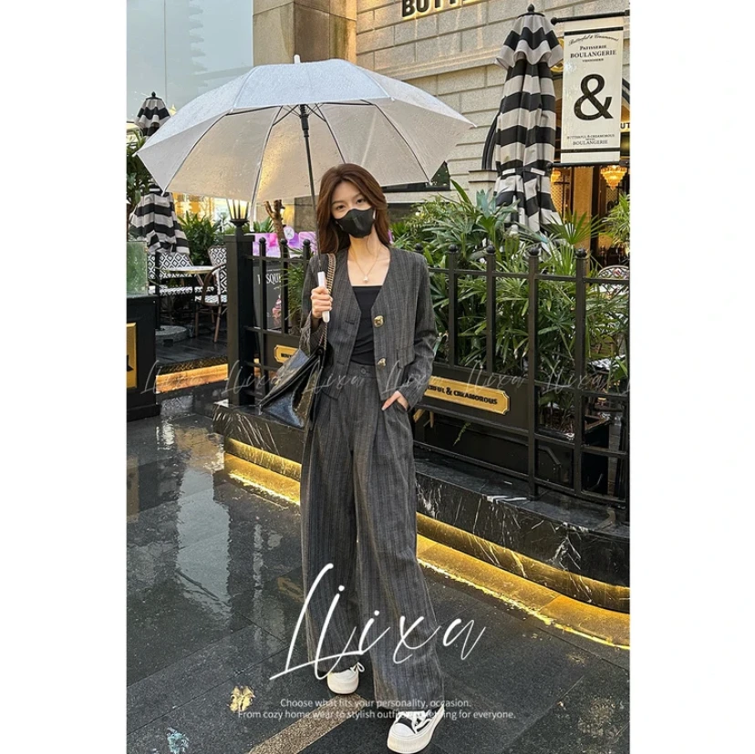 春季灰色条纹西装女春季新款气质套装休闲西服阔腿裤两件套2525