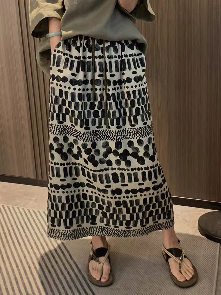 裙子女薄款冰丝2025夏季新款显瘦休闲黑色简约松紧腰百搭