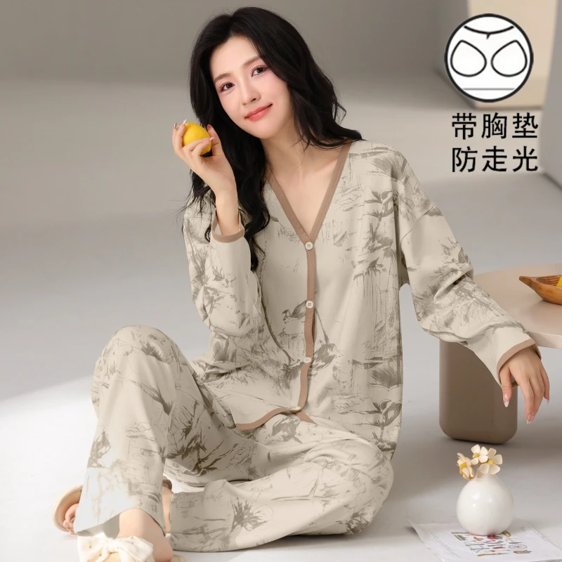 休闲女士睡衣春秋季V领开衫带胸垫春秋季防凸点家居服套装可外穿