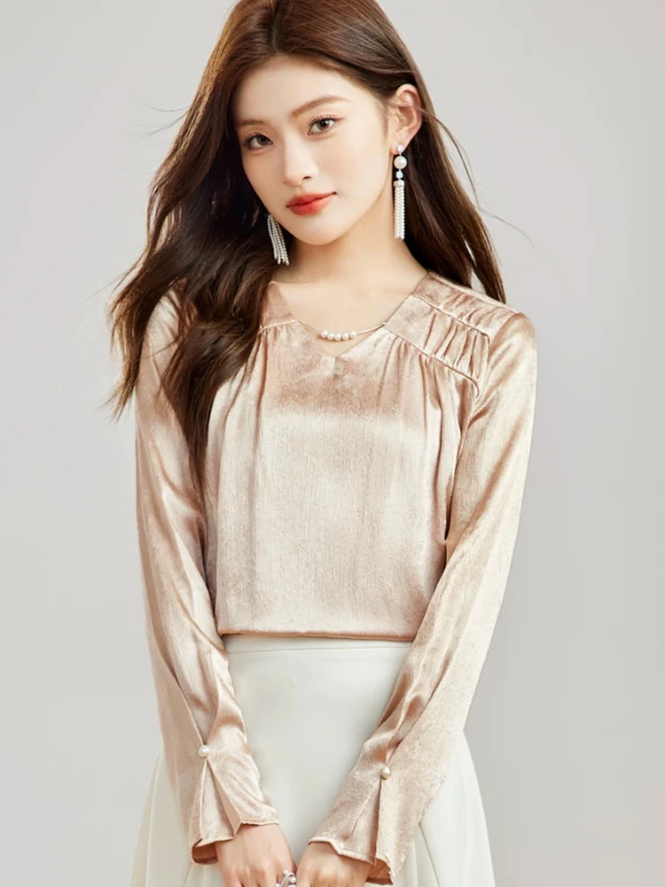 韩版通勤OL珍珠链气质上衣2035