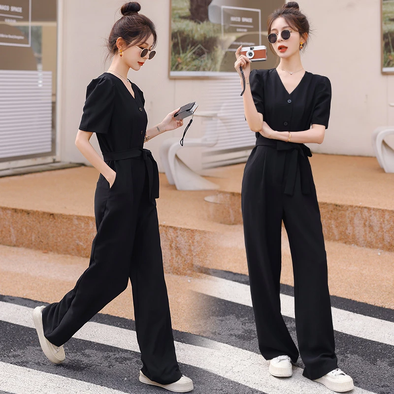 黑色工装连体裤女2023年夏新款宽松高腰炸街网红直筒休闲连衣裤子