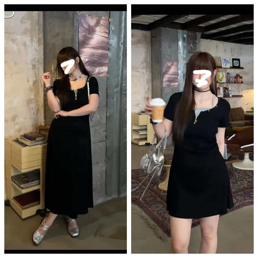 大码纯欲风辣妹假两件连衣裙女夏季新款胖mm遮肚子显瘦休闲小黑裙