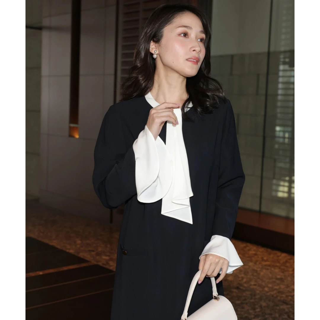 【MonTendre】春季新款 A 优雅千金风圆领系带拼色时尚高级感连衣裙