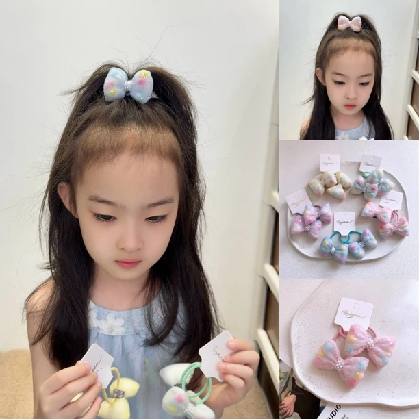 春季新款儿童彩色蝴蝶结发圈女童不伤发皮筋发绳宝宝对装头绳发饰
