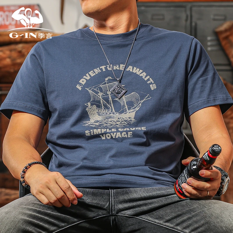 季言高端纯棉男士短袖t恤2025新款爆款夏季 美式复古帆船印花半袖