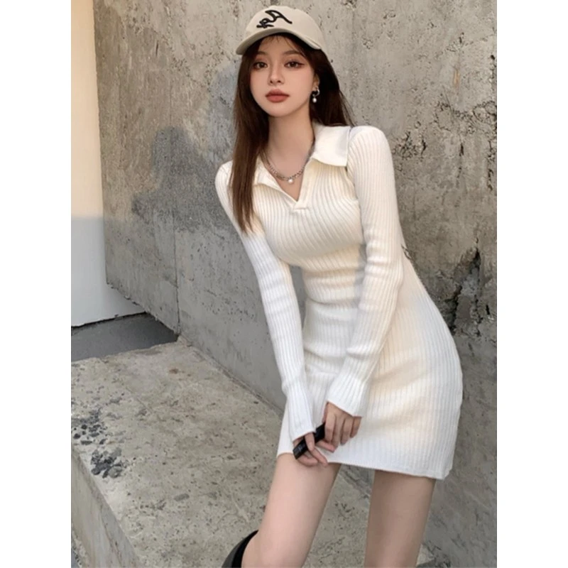 甜辣风性感内搭包臀裙女秋冬修身气质紧身polo领法式针织连衣裙子