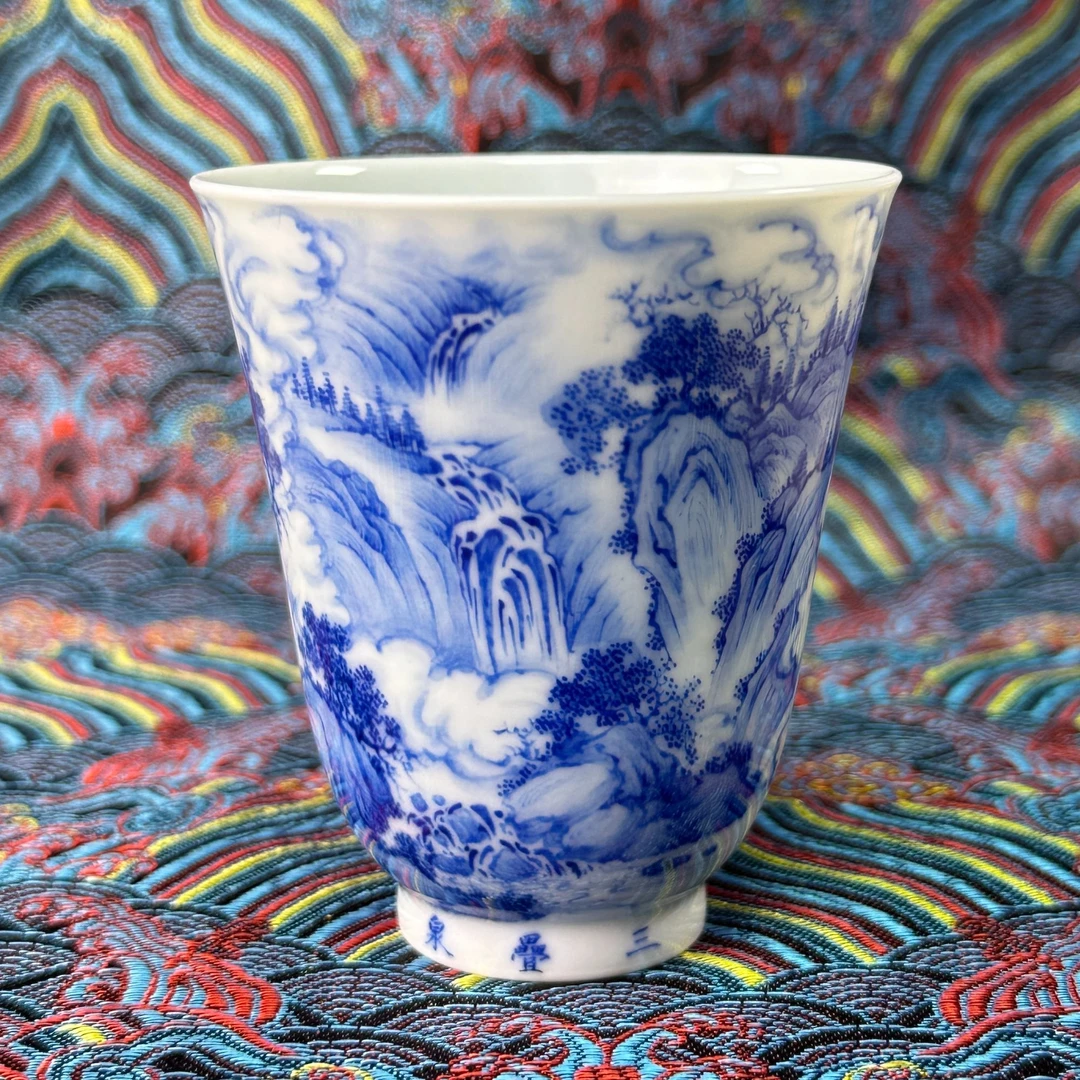 柯火钧天仿北宋山水青花闻香杯纯手工手绘主人杯柴窑景德镇陶瓷