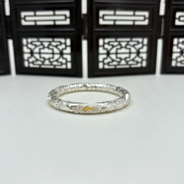 足银手镯 圆条牡丹 足银999时尚百搭嵌金民族风满雕手工银手镯