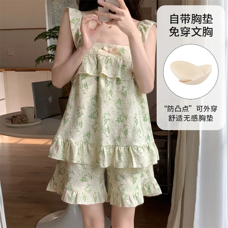 夏季带胸垫吊带背心睡衣女2025年新款清新夏天薄款家居服两件套装