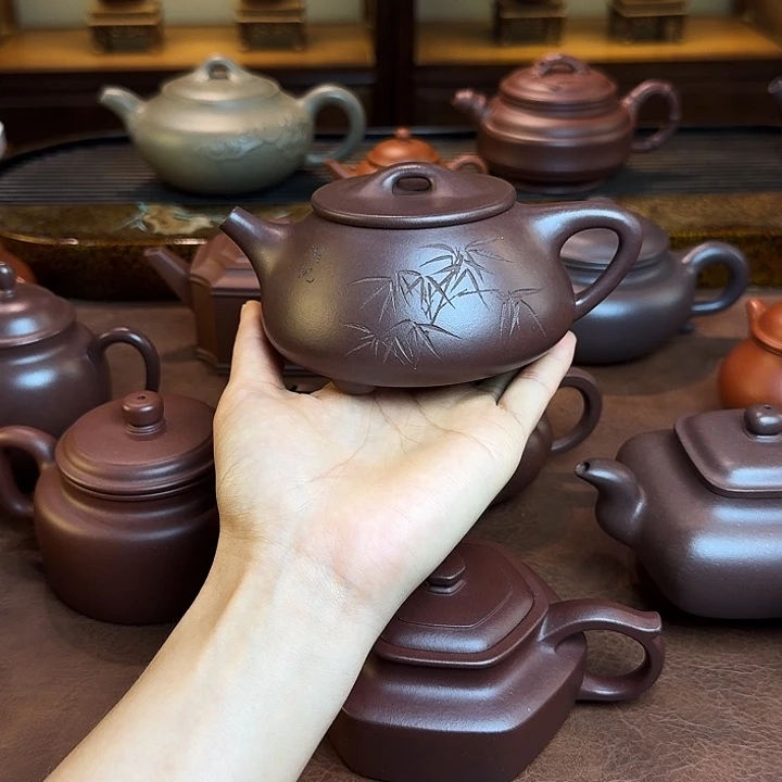 人***棋茶壶紫砂石瓢壶，紫泥