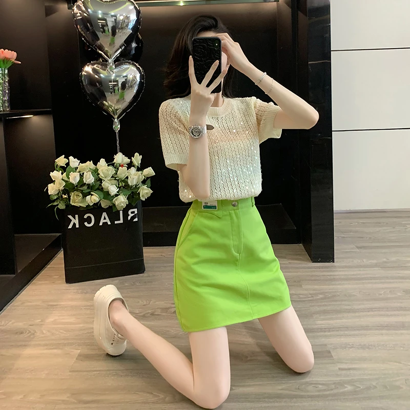 韩系甜美多巴胺系亮片圆领短袖针织衫女2025夏季新款显瘦减龄上衣