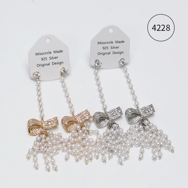 Misscircle Made 铜合金合成锆石耳饰 蝴蝶结珠珠流苏耳环4228