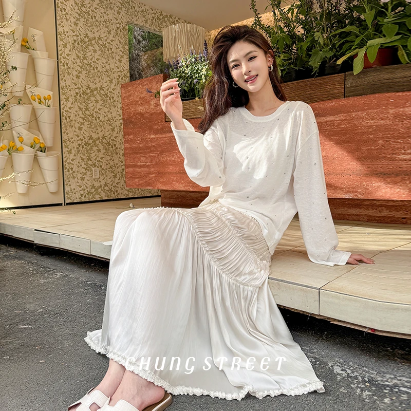 流光半裙2025新款亲肤重工打褶百褶裙垂顺缎面半身裙中长裙女