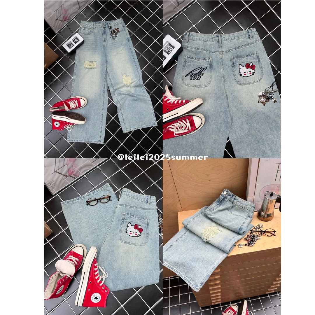 晶咕【德拉街区】后口袋Kitty图案高腰阔腿破洞牛仔裤