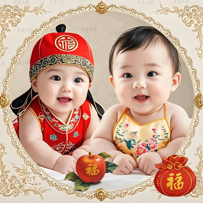 龙凤胎宝宝贴画中式家居装饰防水自粘墙贴婚房床头贴纸画新款高清