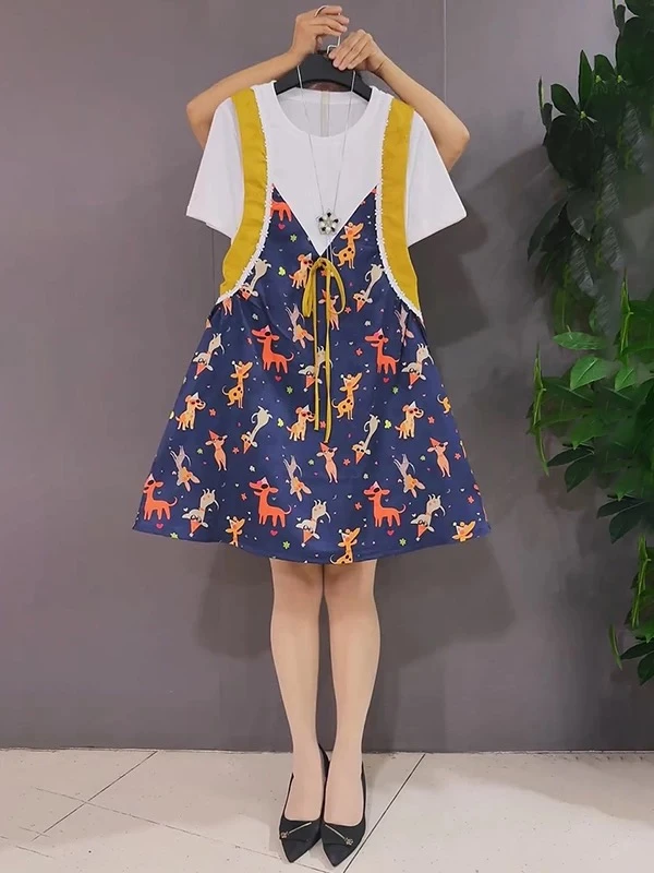大码多巴胺减龄短袖裙子女2025夏季新款假两件遮肉印花薄款连衣裙