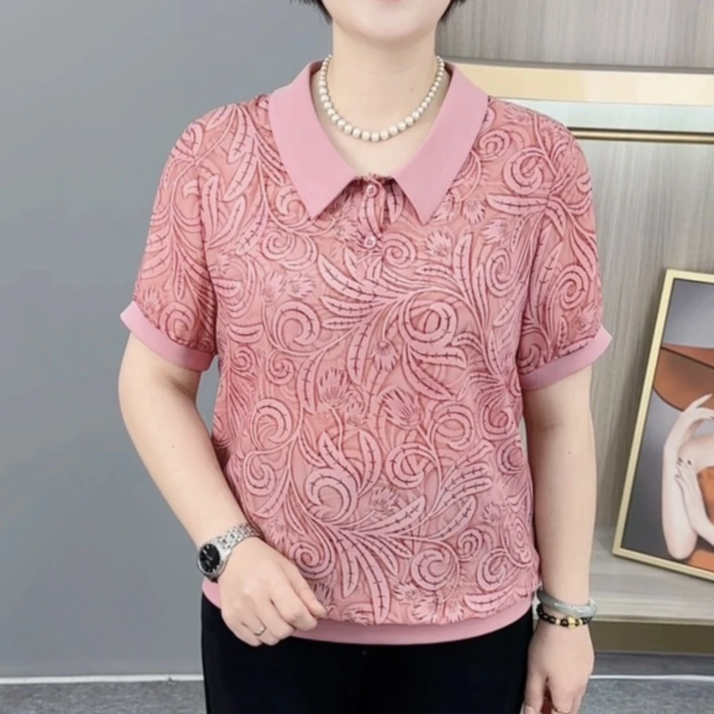 夏季新款时尚娃娃领中老年洋气妈妈装宽松显瘦百搭短袖上衣H6623