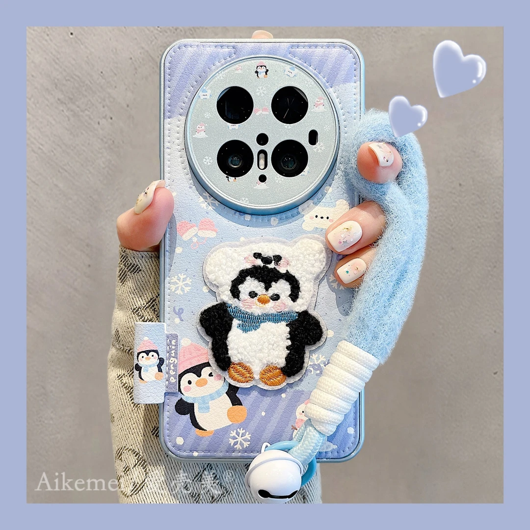 适用华为mate80promax手机壳蓝色皮质mate70pro+泼墨刺绣企鹅手绳