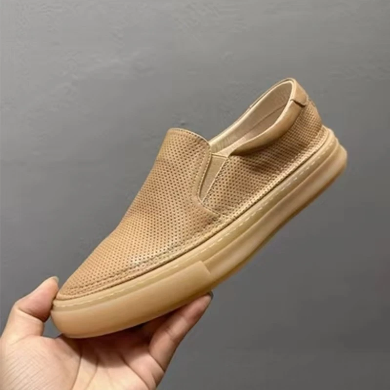 一脚蹬男鞋夏新款真皮乐福鞋透气镂空软皮豆豆鞋百搭软底小白鞋子