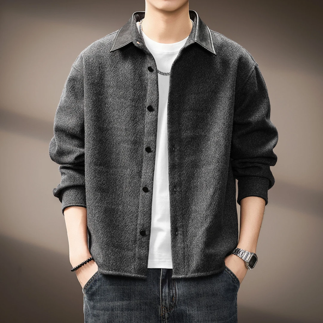 高端重磅复古休闲长袖衬衫男秋季新款简约皮质翻领宽松衬衣外套男