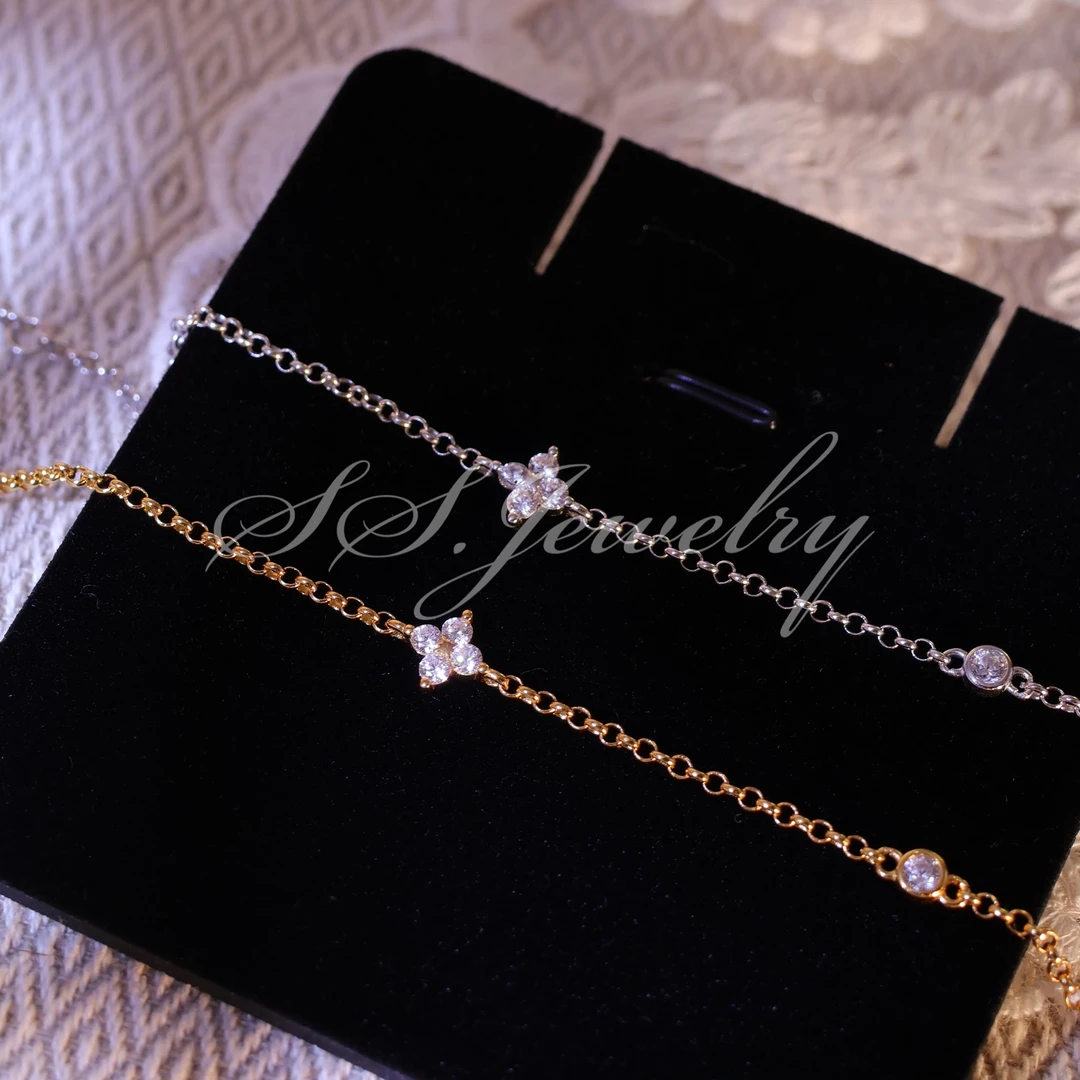925银合成锆石手链 SS JEWELRY四叶花手链简约小众轻奢百搭银饰