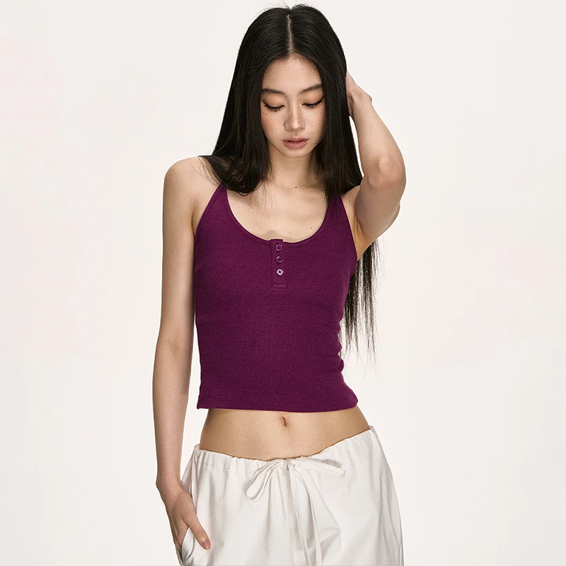 anna aneae门襟纽扣遮副乳工字背心女夏季短款修身辣妹性感上衣潮