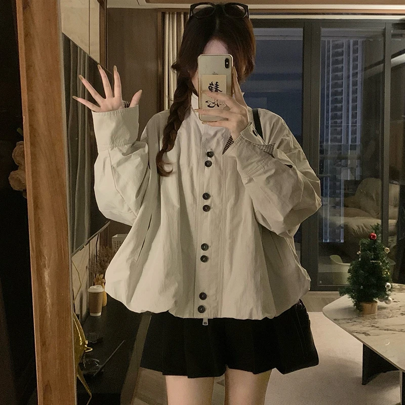 早秋季韩系灰短款工装外套女2025新款小个子宽松棒球服夹克上衣