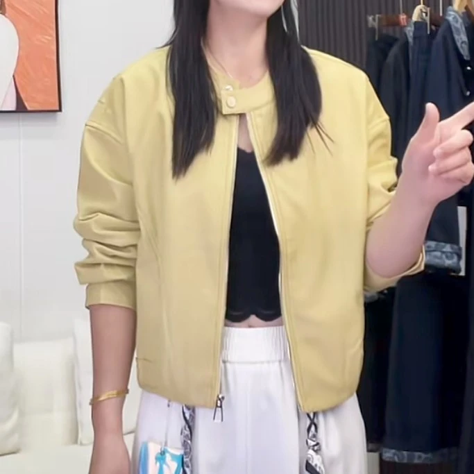 5611薄款拼接立领短款宽松型水洗皮衣韩版百搭皮夹克时尚