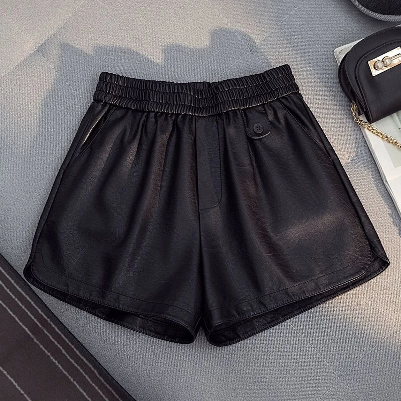 时尚花边皮短裤2025年秋冬新款高腰宽松短裤9912#
