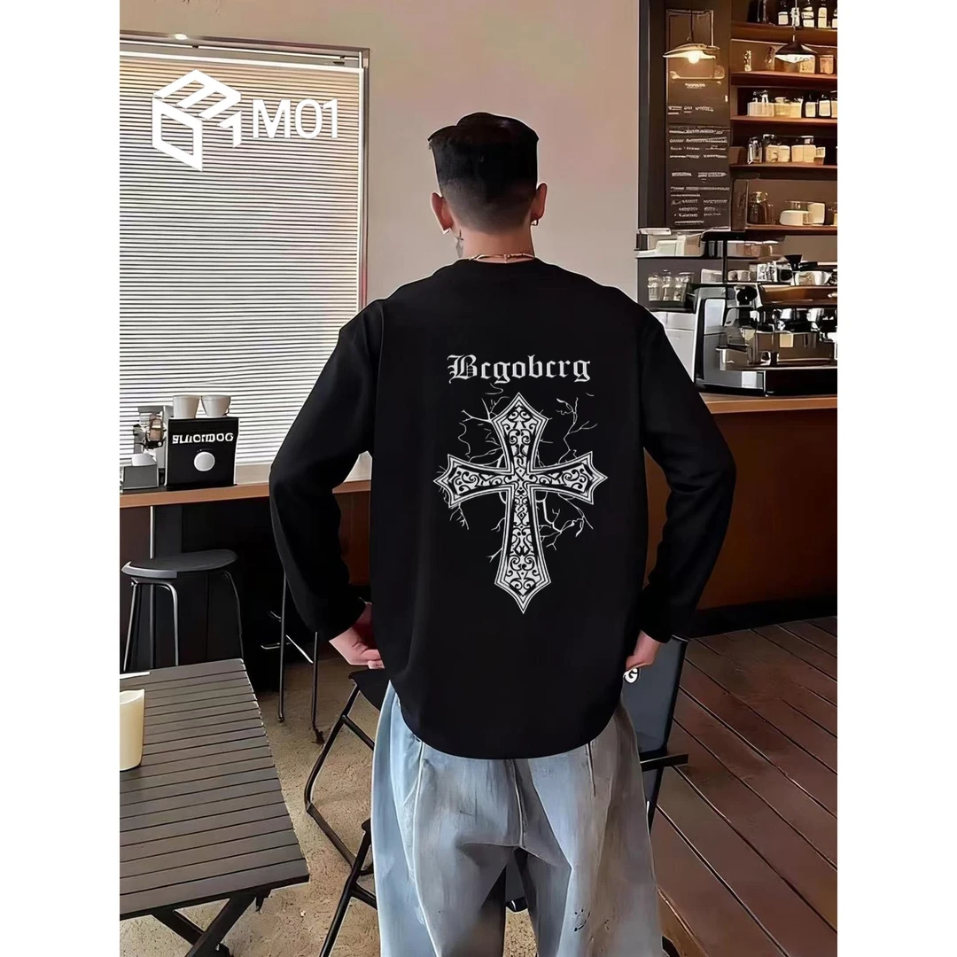 M01美式重磅纯棉长袖t恤男秋新款潮牌印花宽松休闲潮流打底衫上衣