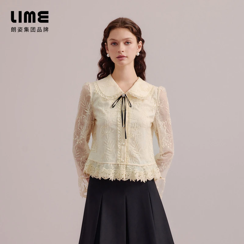 莱茵朗姿温柔甜美娃娃脸蕾丝梭织短截上衣香槟米色LDGC6AWBL809