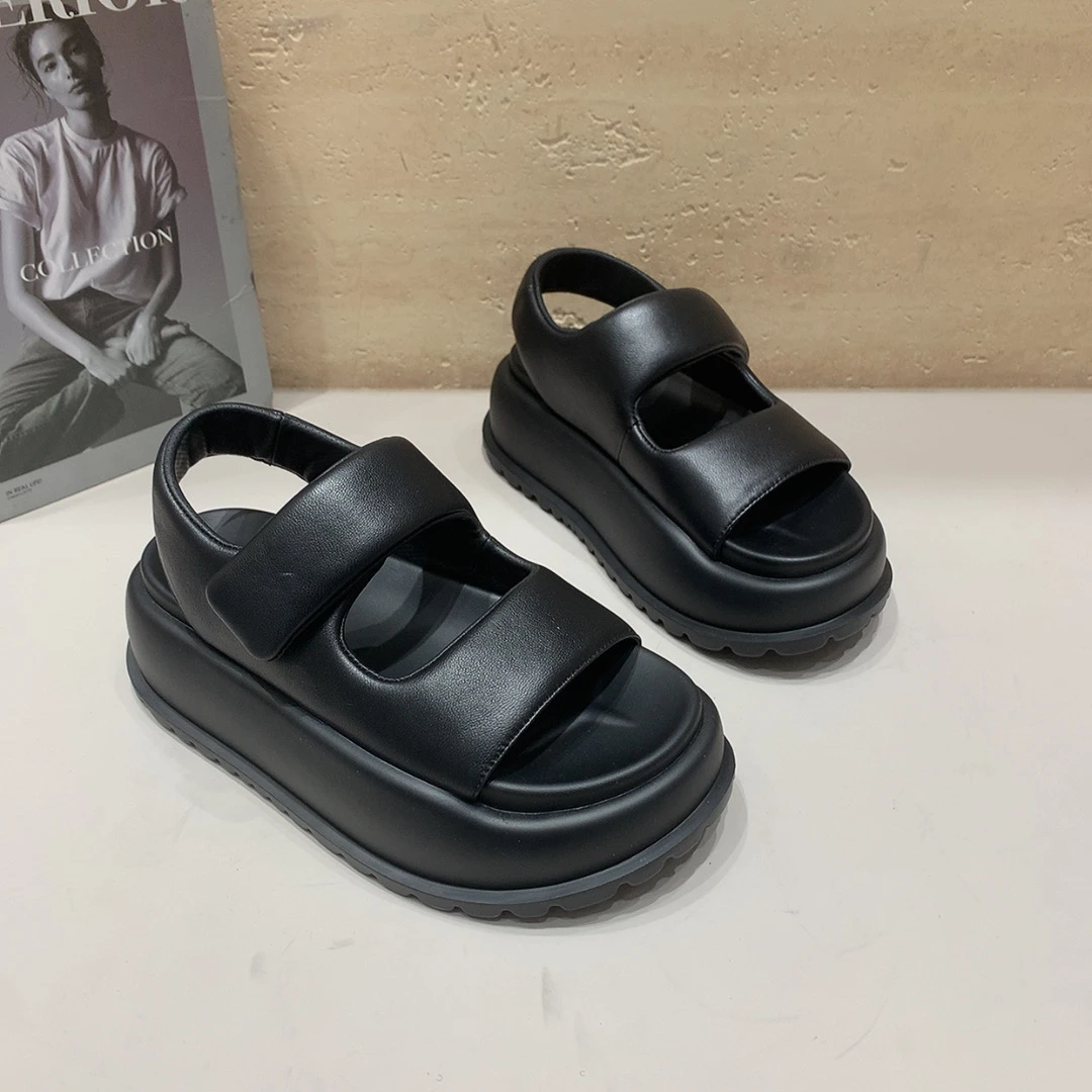 百盈313-28韩版时尚厚底5公分复古网红休闲百搭全皮重工凉鞋