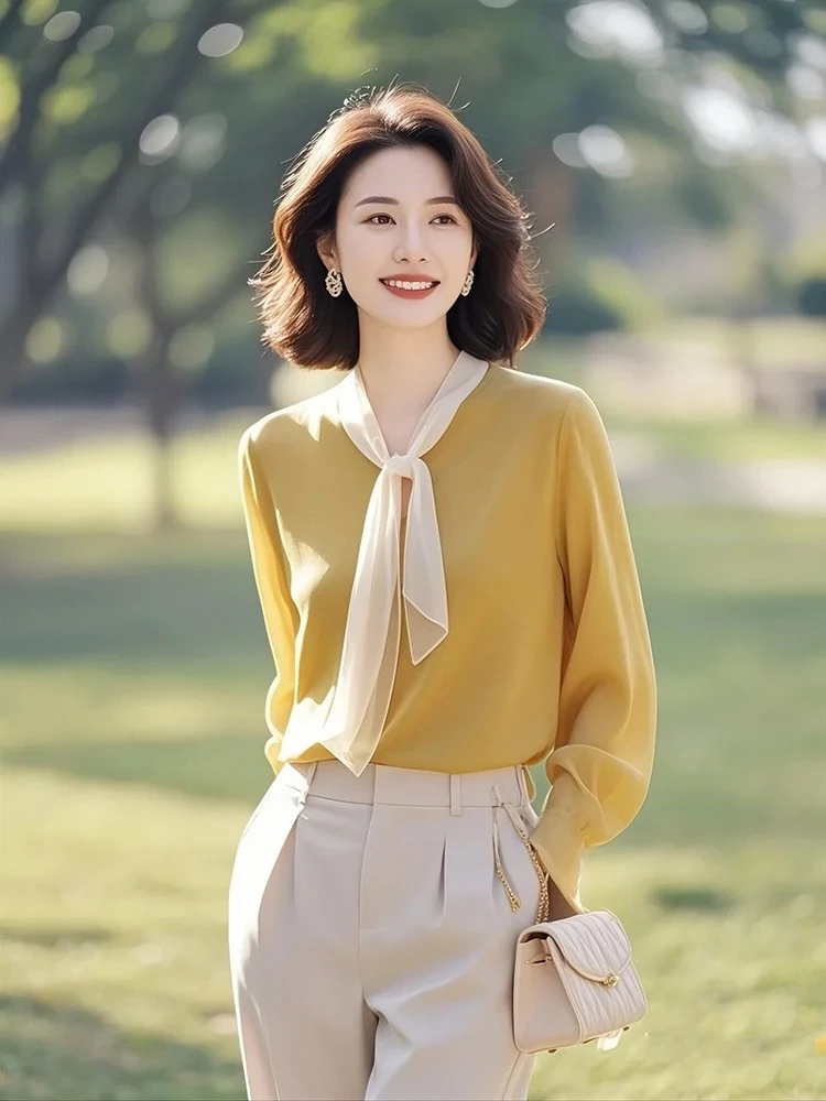 SS216高级感超好看飘带黄色上衣女2025新款爆款今年流行漂亮上衣