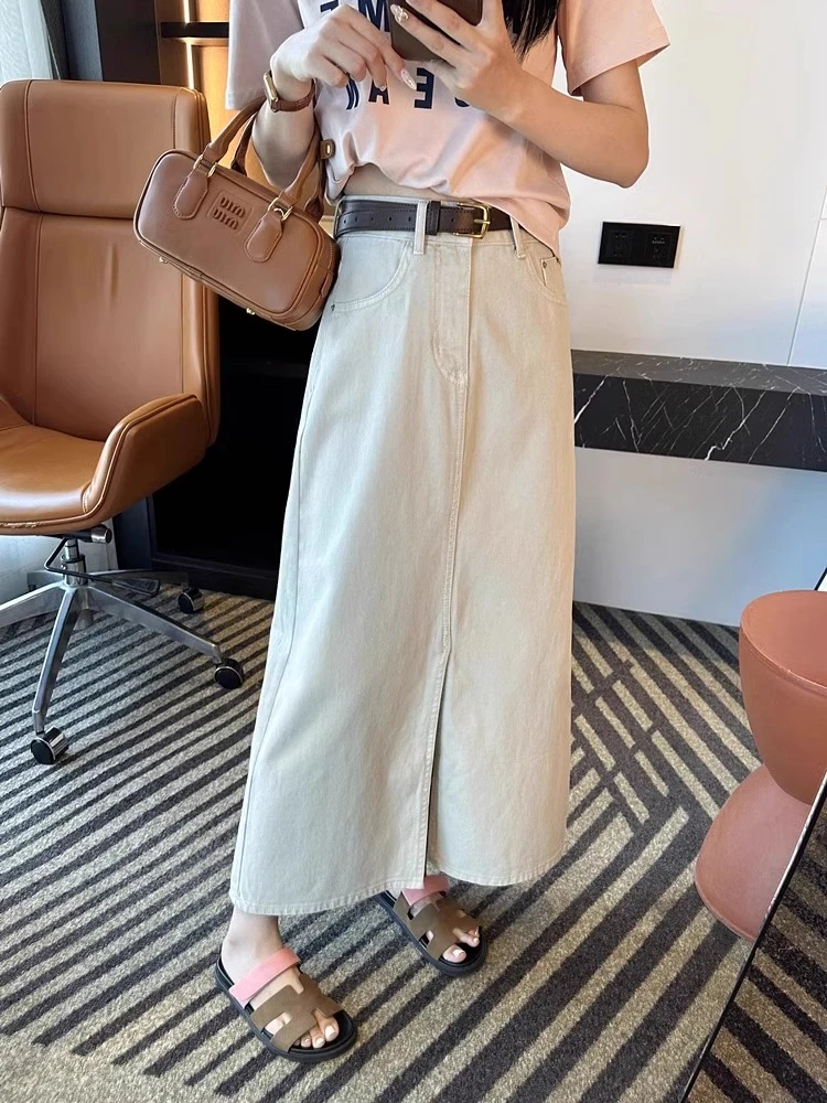 米白色牛仔半身裙春季新款高腰大码梨形身材胖mm显瘦遮肚a字半裙