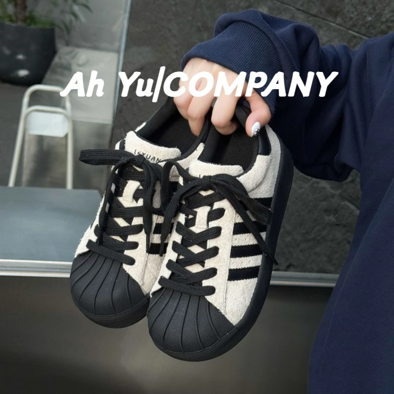 2025秋季新款真皮复古贝壳头系带德训鞋女小白鞋拼色休闲运动板鞋