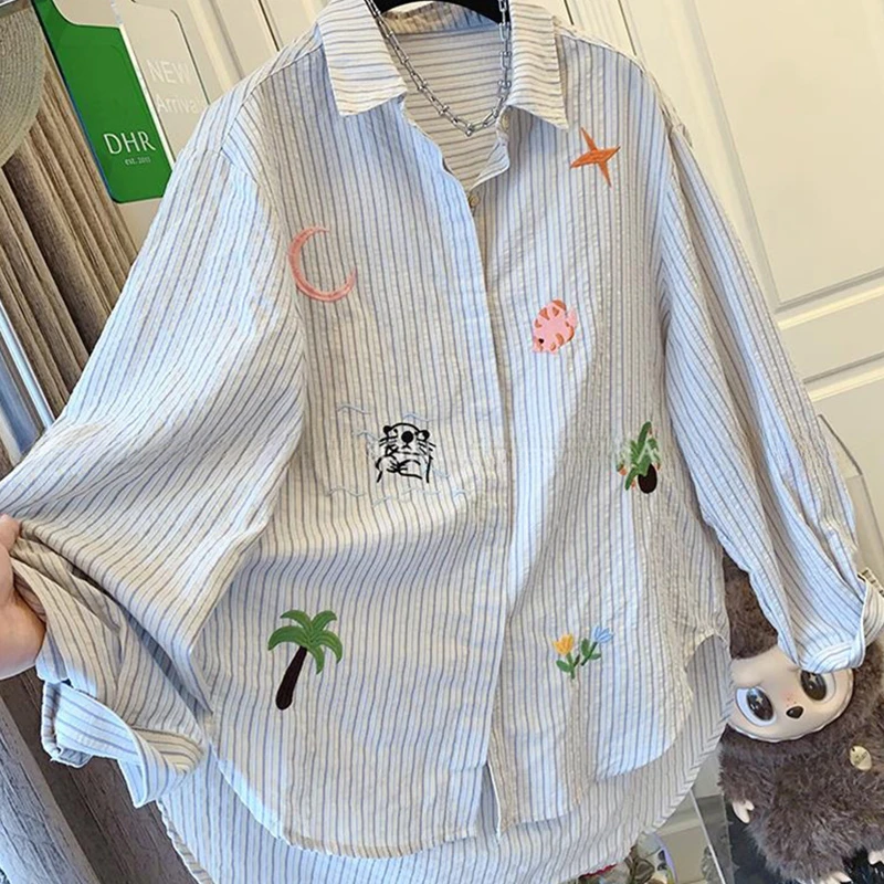 韩系慵懒风杏色条纹绣花衬衫女2025初秋新款宽松上衣薄款衬衣外套