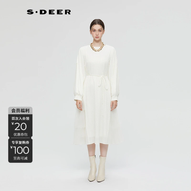 S·DEER圣迪奥灯笼袖欧若风收腰系带圆领白色温柔连衣裙S253Z12B9