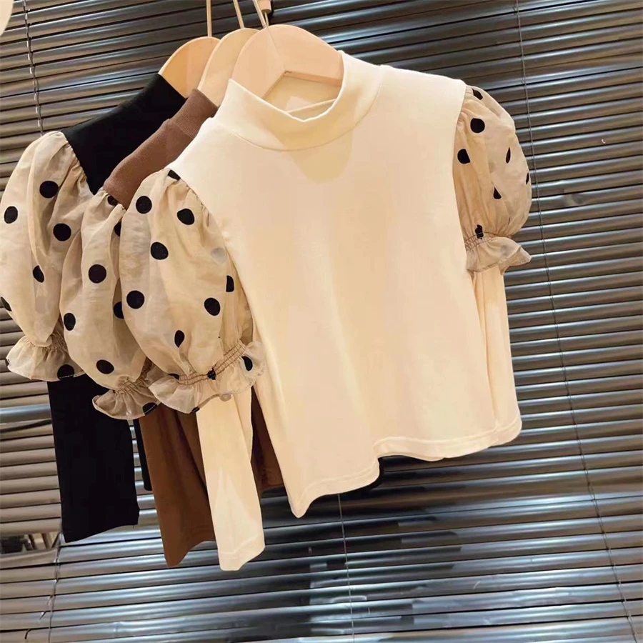 童装2024秋女童复古网纱拼接假两件泡泡袖打底衫长袖ECT228