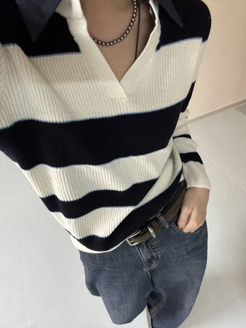 CJ 纯羊毛 拼接领针织衫 条纹毛衣