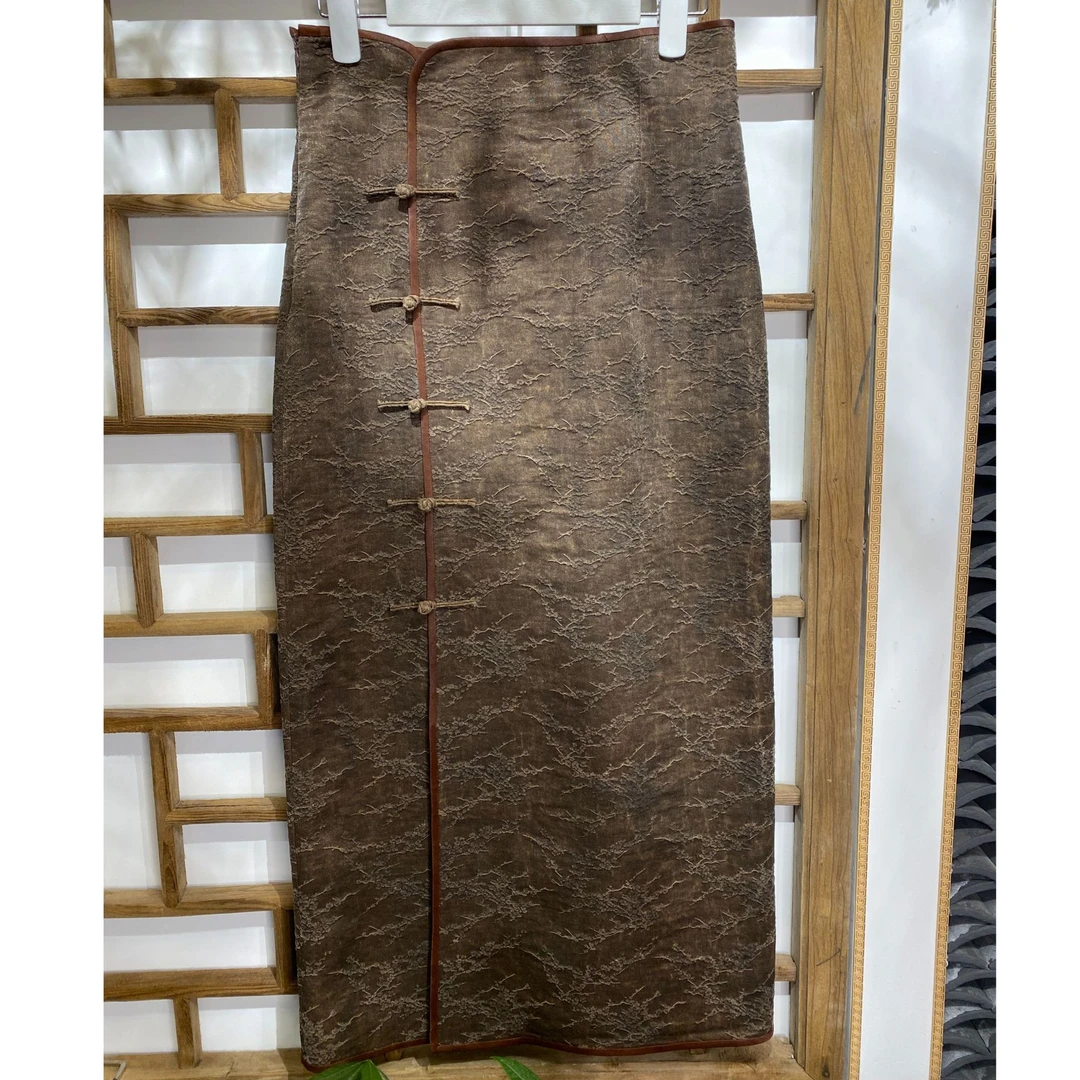 设计款提花桑蚕丝前开叉全包边时尚半裙