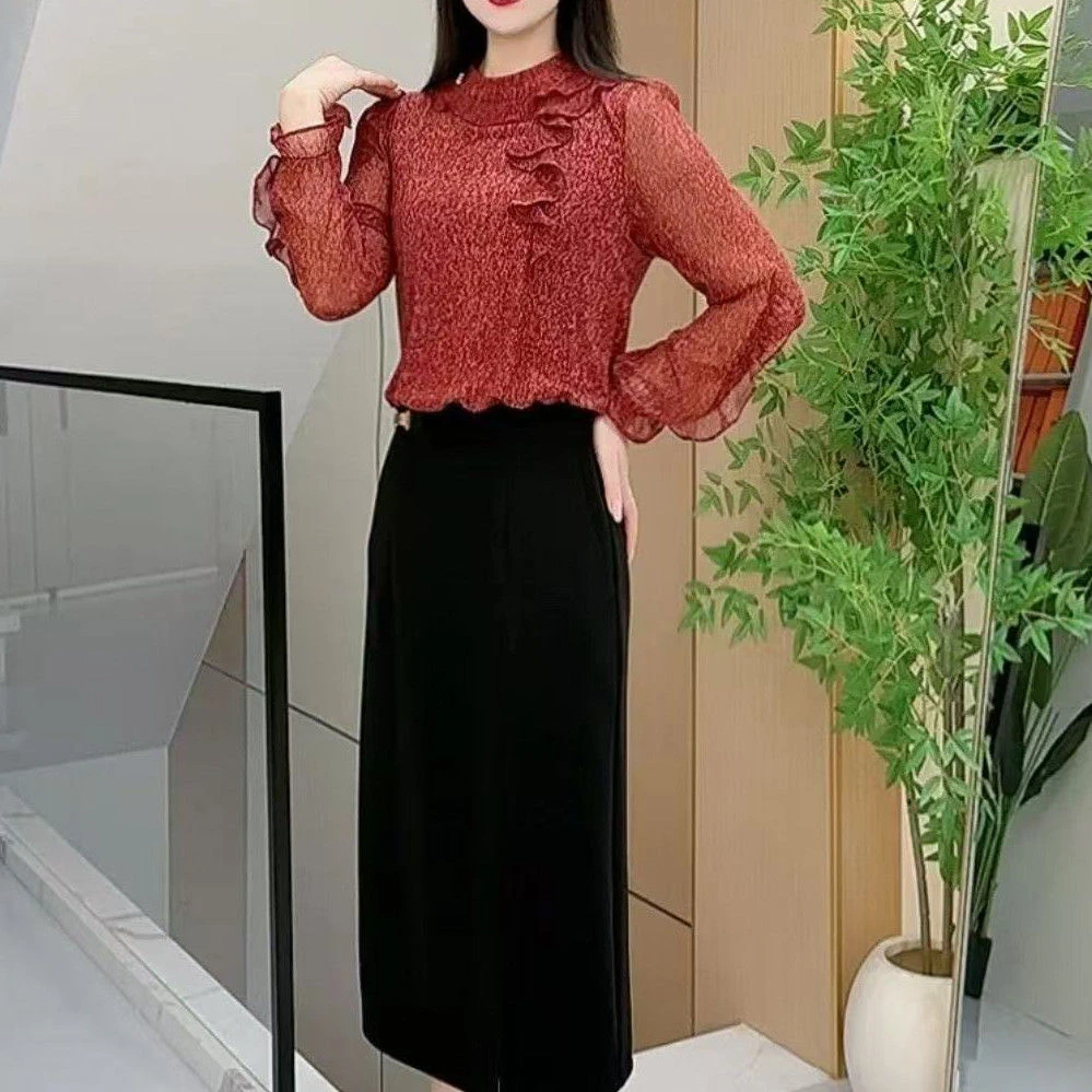 大码假两件连衣裙女新款时尚气质木耳边拼接02