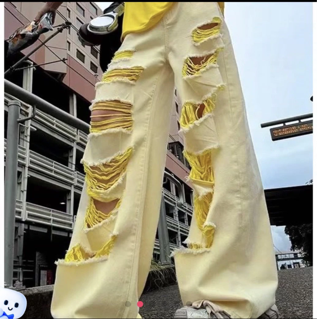 美式街头宽松夏季复古黄色直筒破洞拖地牛仔裤